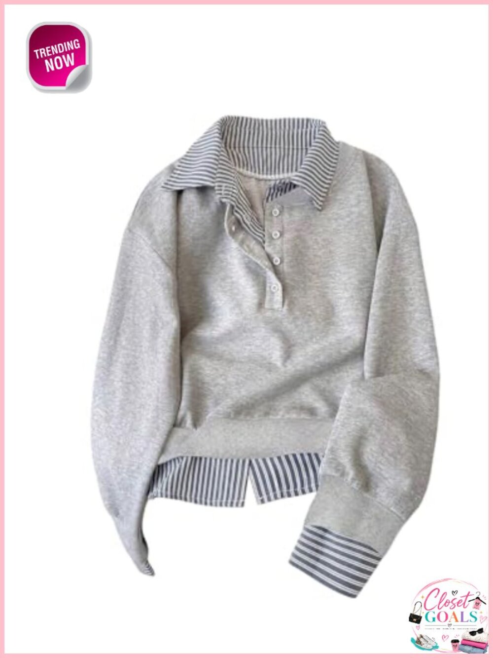 Collared Striped Oversized Half Button Pullover Sweatshirt